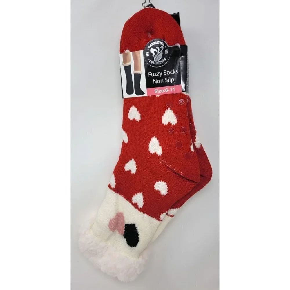 Women Warm Thermal Fuzzy Slipper Socks - Pink Hearts Design